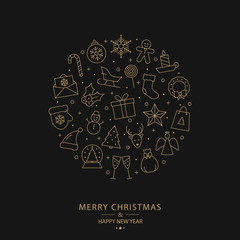 Christmas card of gold thin line icons on black background. Happy New Year holiday design.