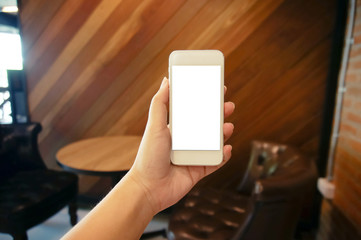 Close up of women's hands holding cell telephone blank copy space screen. smart phone with technology concept.