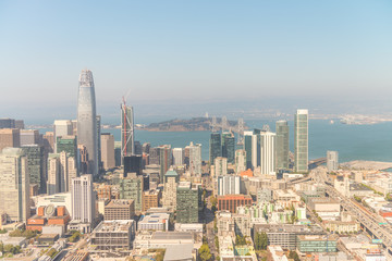 Fototapeta na wymiar SAN FRANCISCO - AUGUST 2017: Aerial view of San Francisco skyline on a beautiful sunny summer day. The city attracts 20 million tourists annually