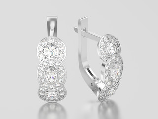 3D illustration white gold or silver decorative diamond earrings with hinged lock