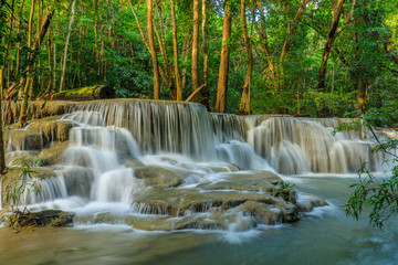 Fototapeta na wymiar Huai-mae-kha-min waterfall, Beautiful waterwall in nationalpark of Kanchanaburi province, ThaiLand.