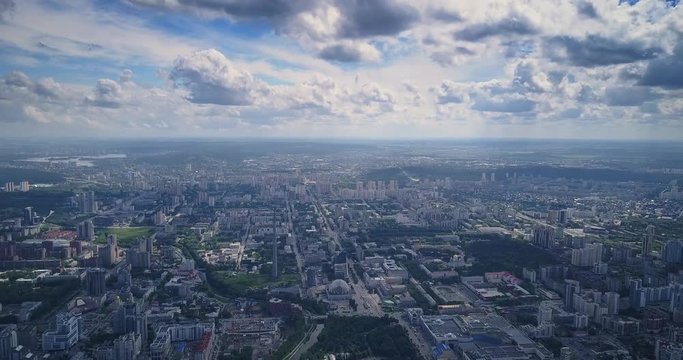 Aerial panorama of Russian city Yekaterinburg on a sunny day. 4K UHD,