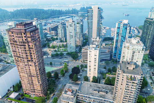 Aerial View Of Vancouver Downtown Skyline From City Rooftop, British Columbia, Canada