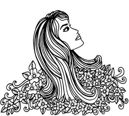 Woman with flower in hair. Decorative style