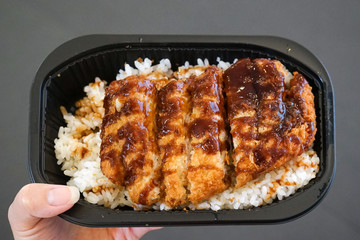 Japanese deep fried pork on rice or tonkatsu in Japanese, served in takeaway plastic food container box