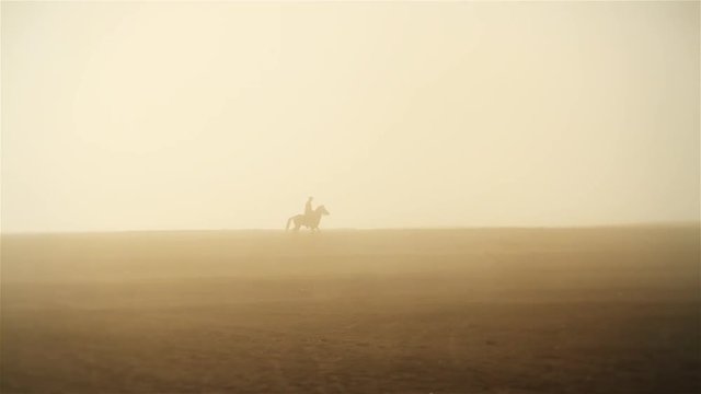 Horse and horseman in the dust desert