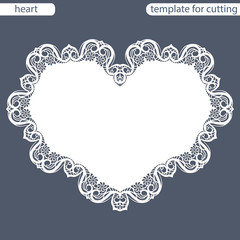 Greeting card with openwork border, paper doily under the cake, template for cutting in the form of heart, valentine card,  wedding invitation, decorative plate is laser cut,  vector illustrations.