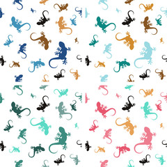 Seamless patterns with lizards. Many gecko different sized and pastel colors. Gentle and soft vector illustration on white background.