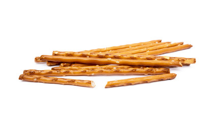 Salty cracker pretzel sticks isolated on white background