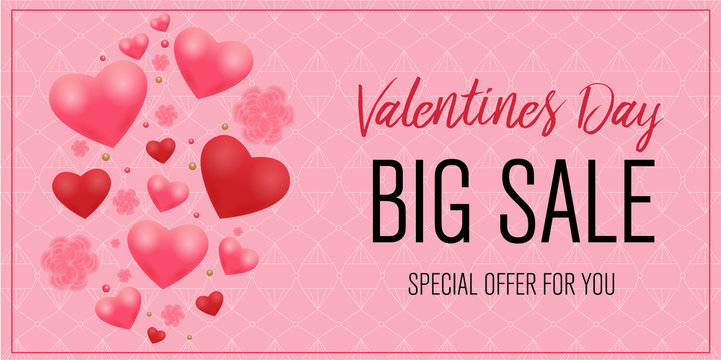 web banner for valentine's day sale. beautiful background with hearts and flowers