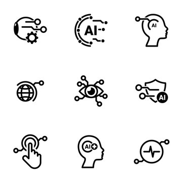 Set of simple icons on a theme Artificial Intelligence, vector, design, collection, flat, sign, symbol,element, object, illustration, isolated. White background