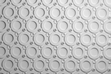 Abstract minimalistic background with repeating white circles and spheres. Geometric scientific backdrop. 3d illustration.