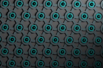 Abstract background with repeating black and blue rings, circles and cyan pearls. 3d illustration.