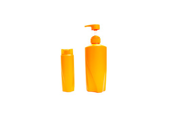 Set of color cosmetic bottles, isolated on white for your design.Composition with plastic bottles of body care and beauty products isolated on white background.