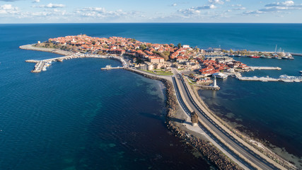 Fototapeta premium General view of Nessebar, ancient city on the Black Sea coast of Bulgaria. Panoramic aerial view.
