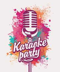 Vector banner with microphone and inscription karaoke party on the art background with colored spots, splashes and curls in grunge style