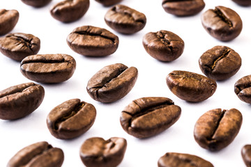 Close up coffee beans pattern isolated on white background

