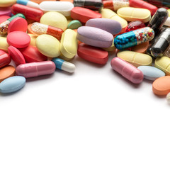Pharmacy theme. Multicolored Isolated Pills and Capsules.
