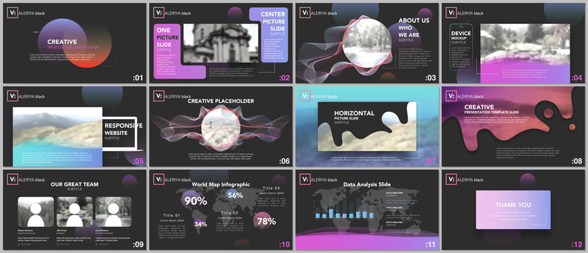 Clean and minimal presentation templates. Colorful elements on black background for your portfolio. Brochure cover vector design. Presentation slides for flyer, leaflet, brochure, report, advertising.