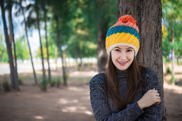 Portrait of beautiful asian woman,Young girl winter portrait,Thailand people