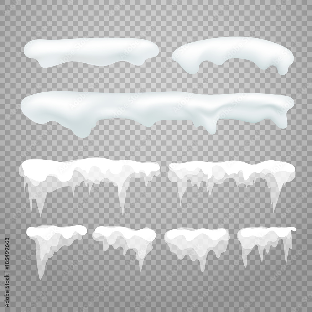 Poster Vector icicles and snowcap elements on transparent background. Snow effects vector collection