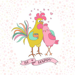Cute rooster and hen