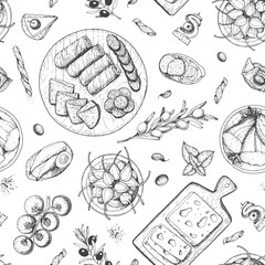 Gourmet snacks seamless pattern. Cheese, sausages, bread hand drawn. Gourmet food menu design template. Engraved style.