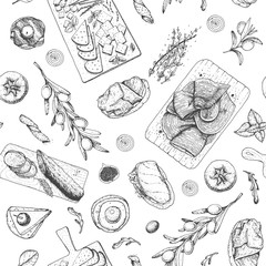 Gourmet snacks seamless pattern. Cheese, sausages, bread hand drawn. Gourmet food menu design template. Engraved style.