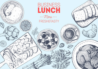 Business lunch top view frame. Food menu design. Vintage hand drawn sketch vector illustration.