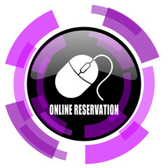 Online reservation pink violet modern design vector web and smartphone icon. Round button in eps 10 isolated on white background.