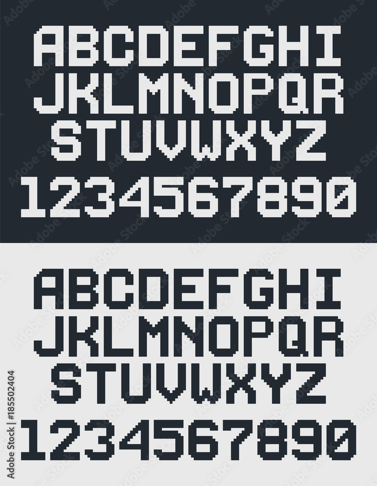 Poster pixel retro font, 8-bit letters and numbers
