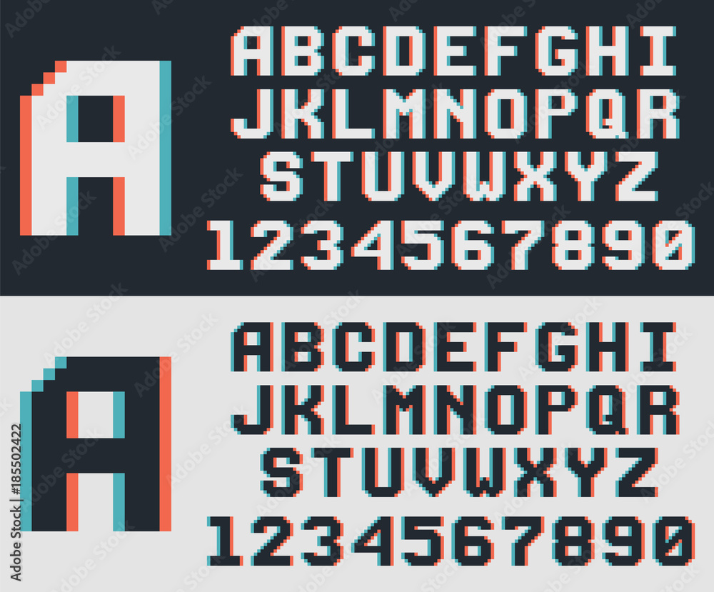 Poster pixel game retro font, 8-bit vector alphabet