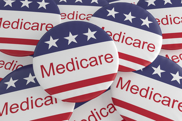 USA Politics News Badges: Pile of Medicare Buttons With US Flag, 3d illustration - obrazy, fototapety, plakaty