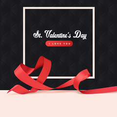 Black Upholstery background and red ribbon heart shape with frame copy space. Luxury Valentines Day design concept. Web banner or invitation with love symbol.