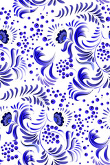 Traditional Russian ornament with elements of folk Gzhel style. A floral print in gold colors. Vector illustration.