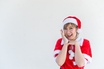 Beautiful young asian woman in Santa Claus clothes on white background,Thailand people,Sent happiness for children,Merry christmas,Welcome to winter,Happy woman concept