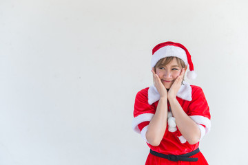 Beautiful young asian woman in Santa Claus clothes on white background,Thailand people,Sent happiness for children,Merry christmas,Welcome to winter,Happy woman concept