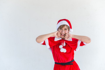 Beautiful young asian woman in Santa Claus clothes on white background,Thailand people,Sent happiness for children,Merry christmas,Welcome to winter,Happy woman concept