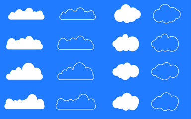 Cloud vector icon set white color on blue background. Sky flat illustration collection for web
