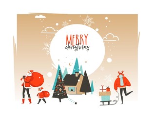 Hand drawn vector abstract Merry Christmas and Happy New Year time cartoon illustrations greeting card template with outdoor landscape,house and Santa Claus family isolated on white background