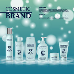 3D realistic cosmetic bottle ads template. Cosmetic brand advertising concept design with glitters and bokeh background