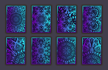 Card set with mosaic lace decorative elements background. Asian Indian oriental ornate banners.