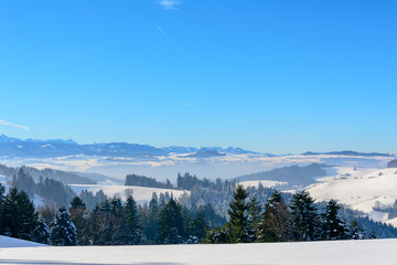 Winterlandschaft mit Aussicht auf die Alpen
