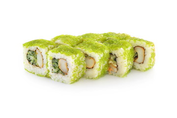 sushi green tobiko and squid on a white background