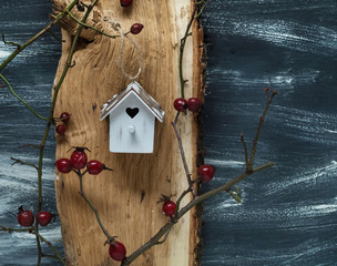 Winter background with a small birdhouse and a wild rose on a blue and white background, natural light, top view