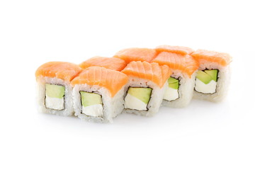 Sushi Philadelphia with avocado on a white background
