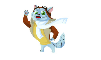 Cute funny animal pilot characters flying on airplane - cat and raccoon, cartoon vector illustration with space for text. Little baby cat and raccoon characters flying on airplane. Magnificent cat Avi