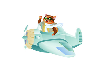 Cute funny animal pilot characters flying on airplane - cat and raccoon, cartoon vector illustration with space for text. Little baby cat and raccoon characters flying on airplane. Magnificent cat Avi