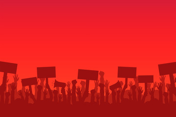 Naklejka premium Crowd of protesters people. Silhouettes of people with banners and megaphones. Concept of revolution or protest