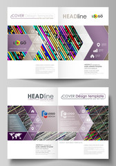 Business templates for bi fold brochure, flyer, booklet. Cover design template, vector layout in A4 size. Colorful background made of stripes. Abstract tubes and dots. Glowing multicolored texture.